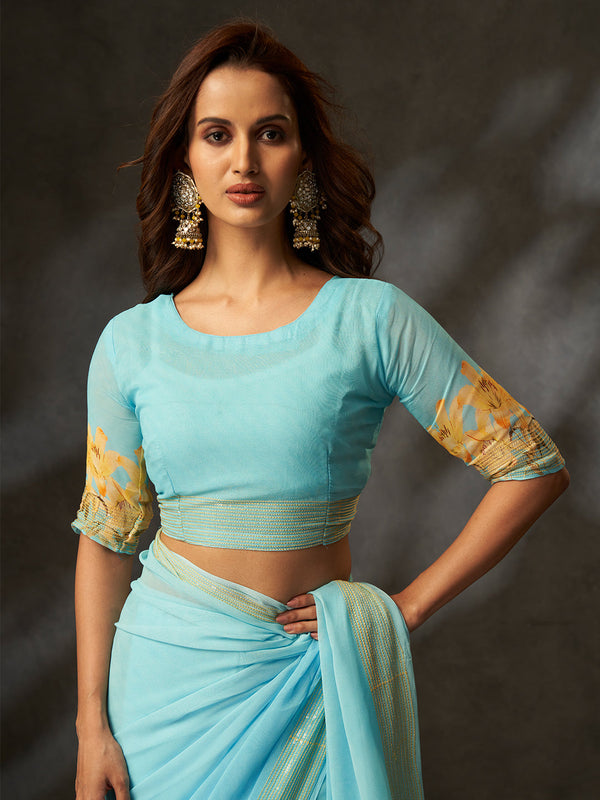 Sky Blue Georgette Digital Floral Print Saree