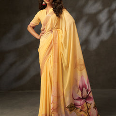 Yellow Georgette Digital Floral Print Designer Saree
