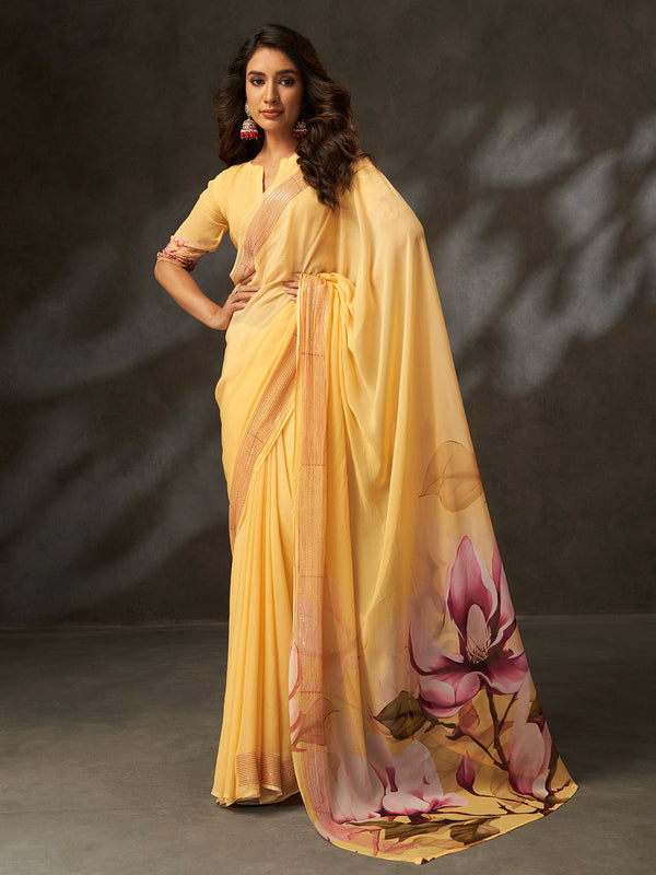 Yellow Georgette Digital Floral Print Designer Saree