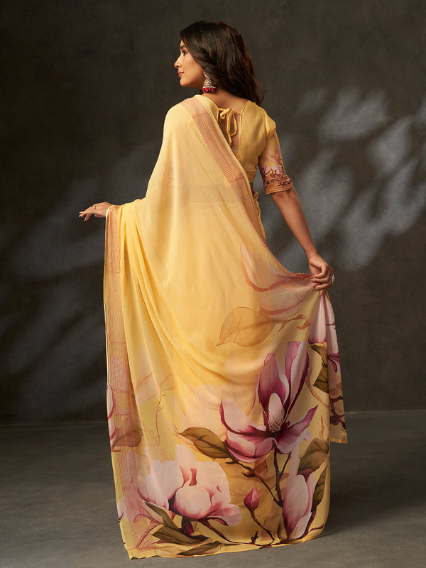 Yellow Georgette Digital Floral Print Designer Saree
