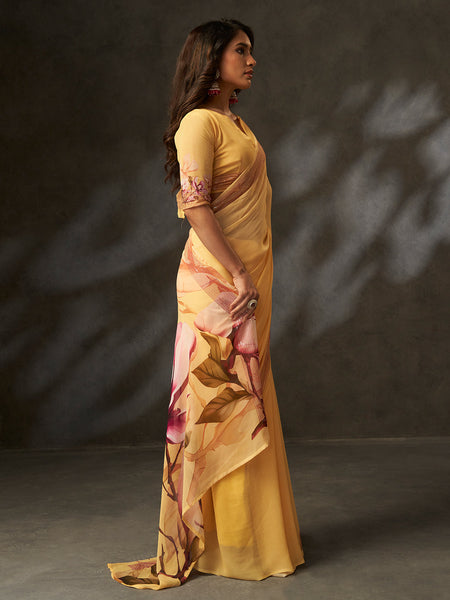 Yellow Georgette Digital Floral Print Designer Saree
