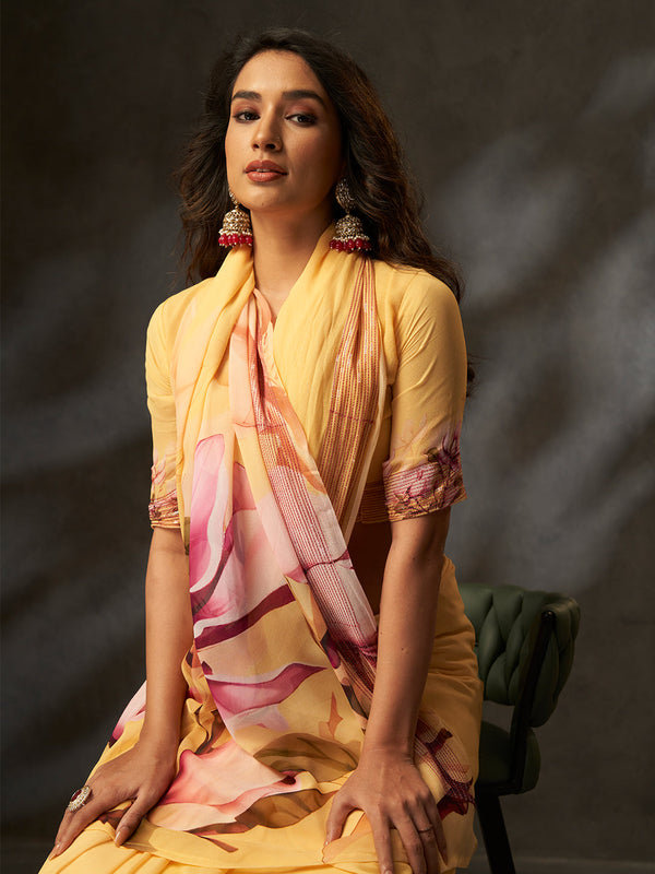 Yellow Georgette Digital Floral Print Designer Saree