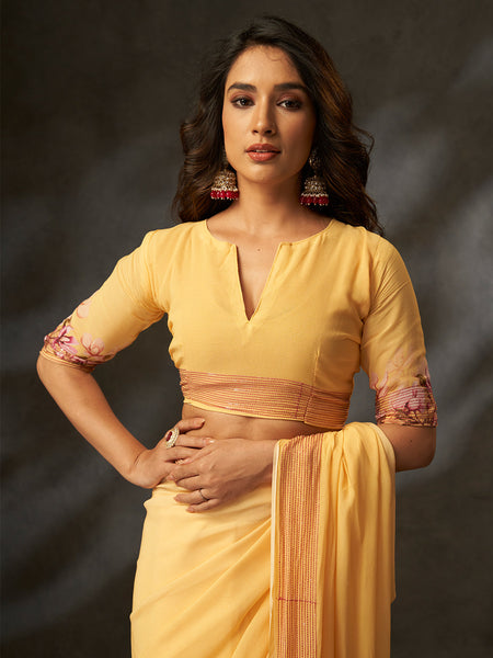 Yellow Georgette Digital Floral Print Designer Saree