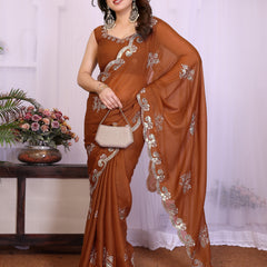Brown Star Georgette Embroidered Designer Saree