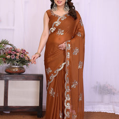 Brown Star Georgette Embroidered Designer Saree