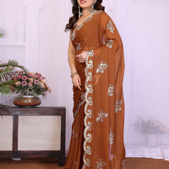 Brown Star Georgette Embroidered Designer Saree