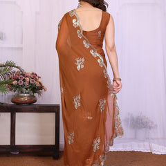 Brown Star Georgette Embroidered Designer Saree