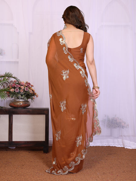 Brown Star Georgette Embroidered Designer Saree
