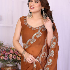 Brown Star Georgette Embroidered Designer Saree
