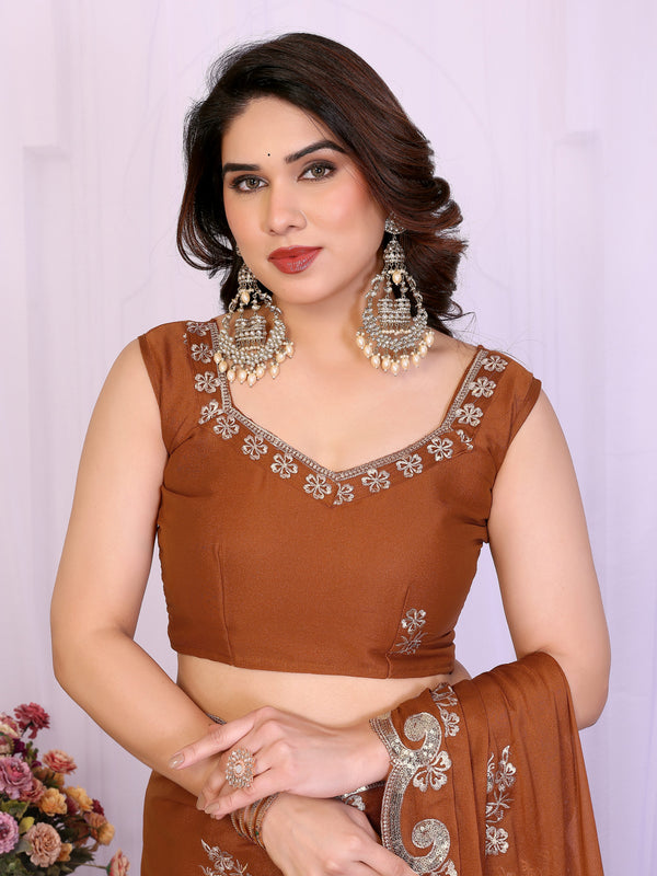 Brown Star Georgette Embroidered Designer Saree