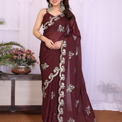 Burgundy Star Georgette Embroidered Designer Saree