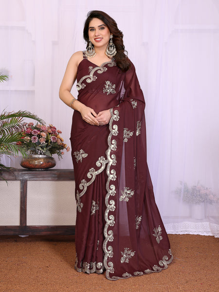 Burgundy Star Georgette Embroidered Designer Saree