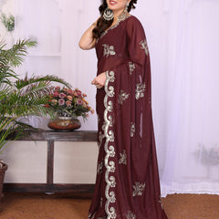 Burgundy Star Georgette Embroidered Designer Saree