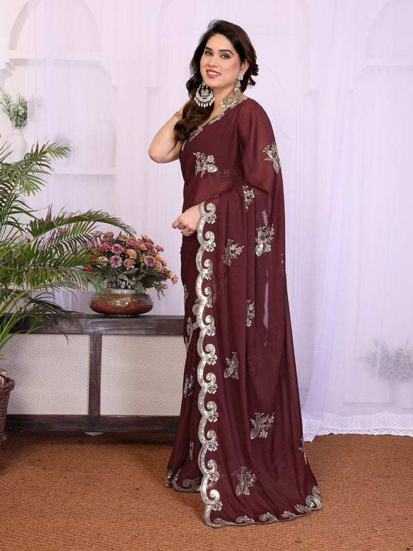 Burgundy Star Georgette Embroidered Designer Saree