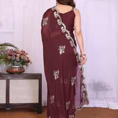 Burgundy Star Georgette Embroidered Designer Saree