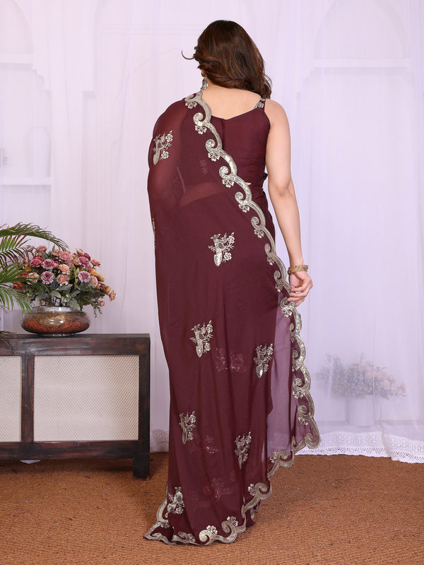 Burgundy Star Georgette Embroidered Designer Saree