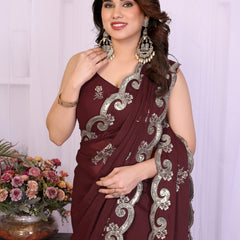 Burgundy Star Georgette Embroidered Designer Saree