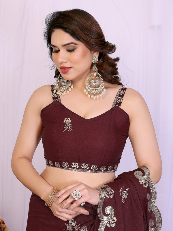 Burgundy Star Georgette Embroidered Designer Saree