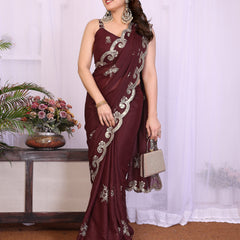 Burgundy Star Georgette Embroidered Designer Saree