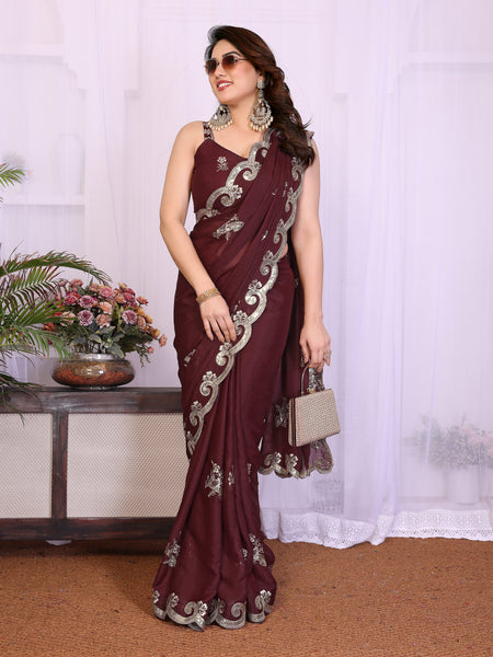 Burgundy Star Georgette Embroidered Designer Saree
