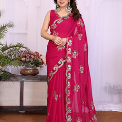 Pink Star Georgette Embroidered Designer Saree