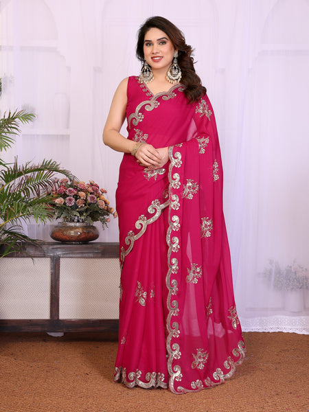 Pink Star Georgette Embroidered Designer Saree