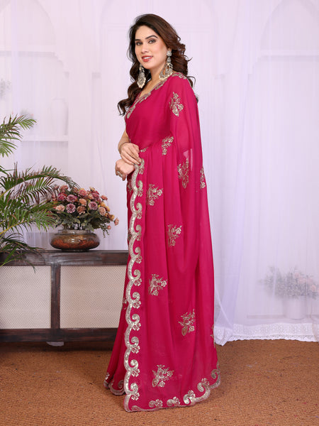 Pink Star Georgette Embroidered Designer Saree