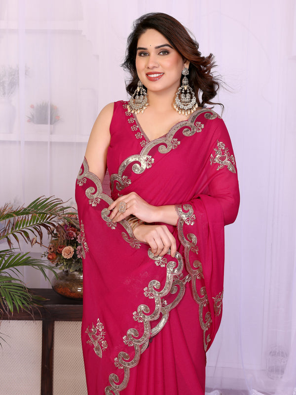 Pink Star Georgette Embroidered Designer Saree
