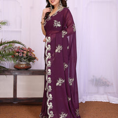 Wine Star Georgette Embroidered Designer Saree