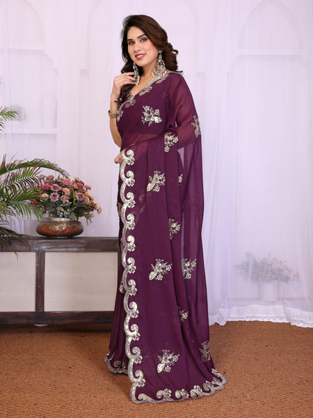 Wine Star Georgette Embroidered Designer Saree