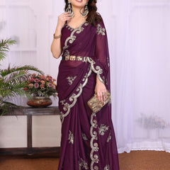 Wine Star Georgette Embroidered Designer Saree