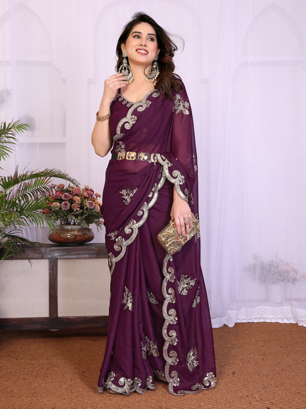 Wine Star Georgette Embroidered Designer Saree