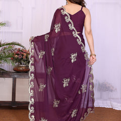 Wine Star Georgette Embroidered Designer Saree