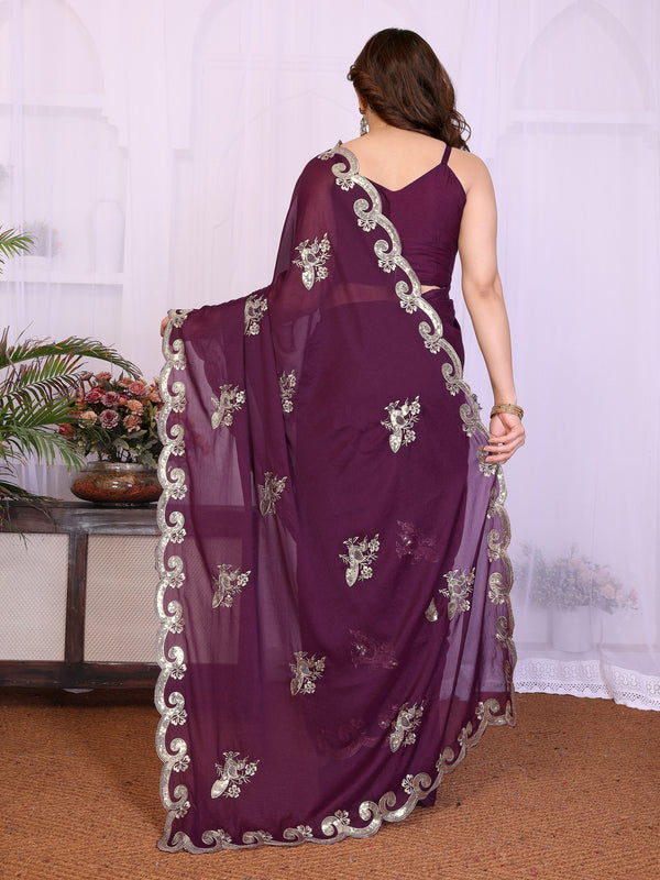 Wine Star Georgette Embroidered Designer Saree