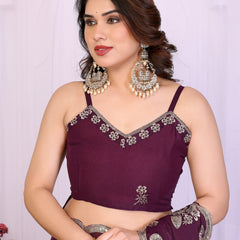 Wine Star Georgette Embroidered Designer Saree