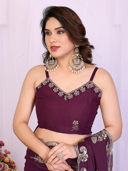 Wine Star Georgette Embroidered Designer Saree