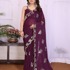 Wine Star Georgette Embroidered Designer Saree