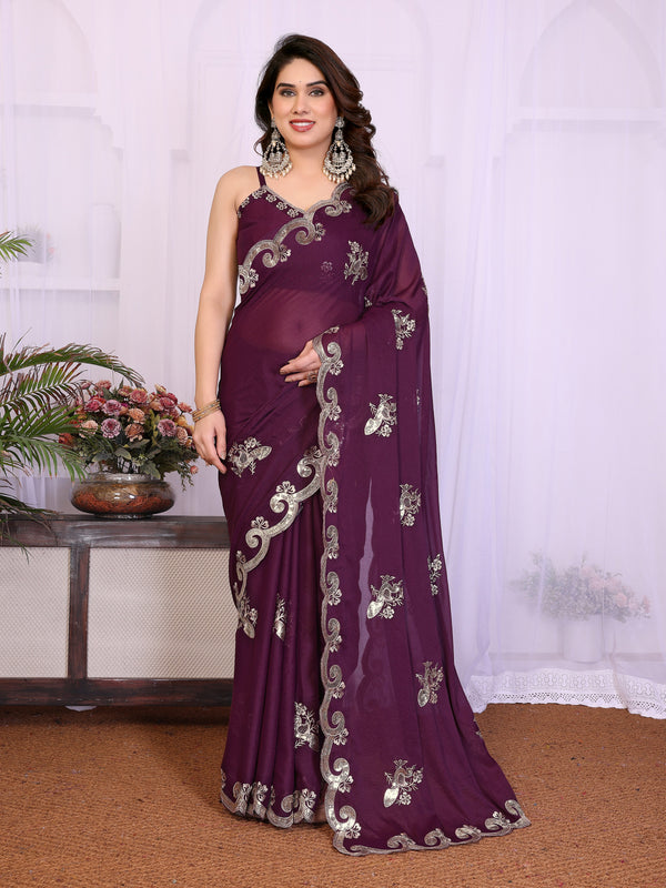 Wine Star Georgette Embroidered Designer Saree