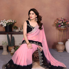 Black Pink Georgette Embroidered Designer Saree
