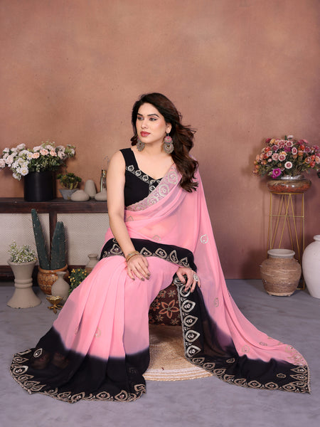 Black Pink Georgette Embroidered Designer Saree