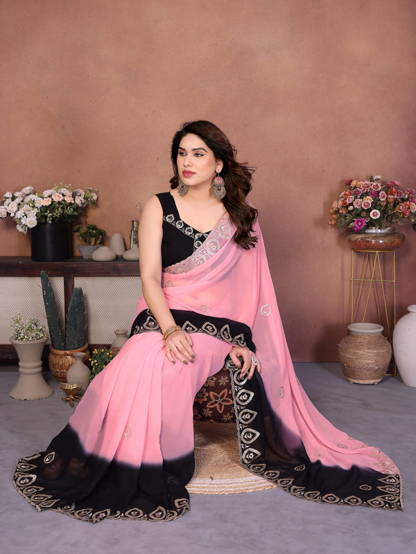 Black Pink Georgette Embroidered Designer Saree