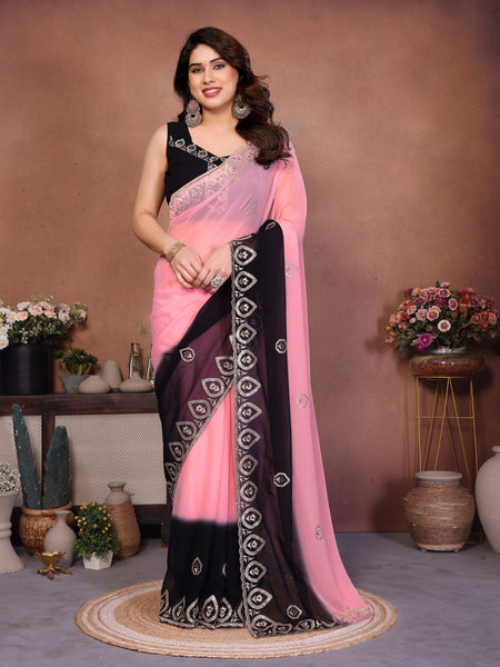 Black Pink Georgette Embroidered Designer Saree