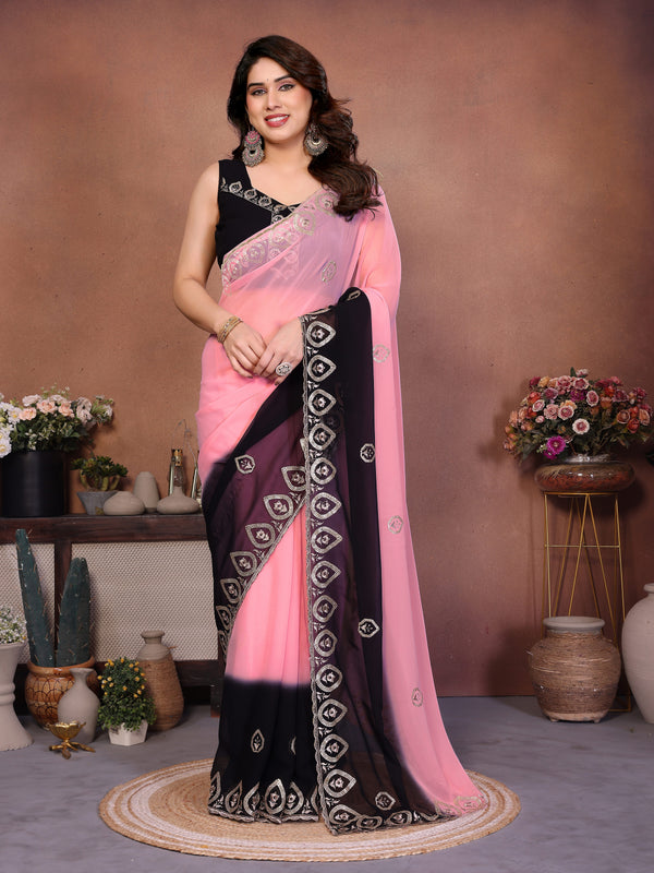 Black Pink Georgette Embroidered Designer Saree