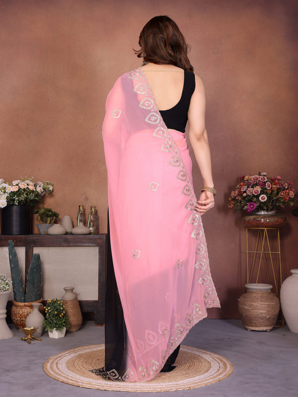 Black Pink Georgette Embroidered Designer Saree