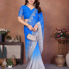 Blue Grey Georgette Embroidered Designer Saree