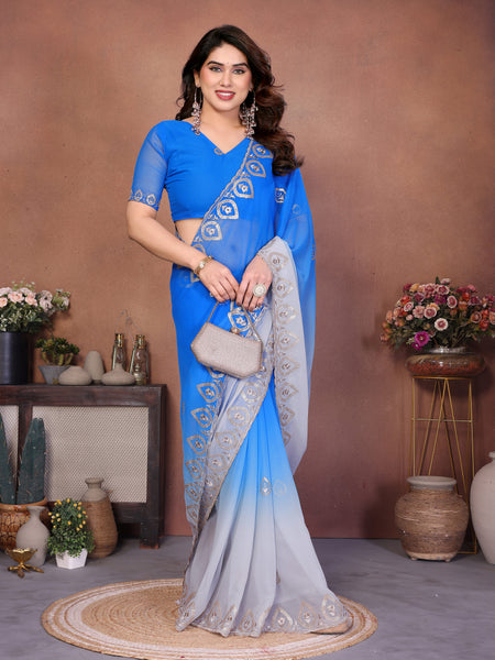 Blue Grey Georgette Embroidered Designer Saree