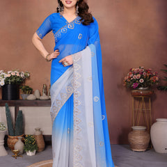 Blue Grey Georgette Embroidered Designer Saree
