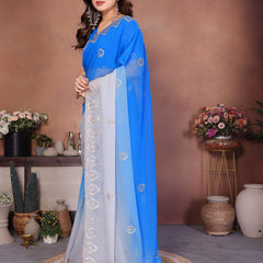 Blue Grey Georgette Embroidered Designer Saree
