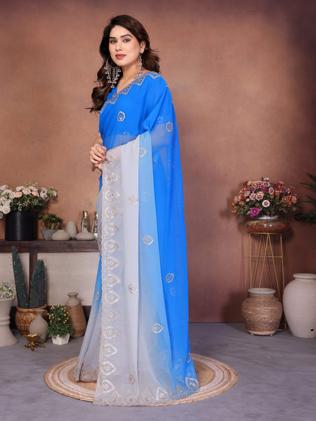 Blue Grey Georgette Embroidered Designer Saree