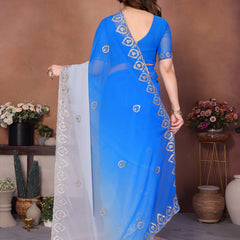 Blue Grey Georgette Embroidered Designer Saree